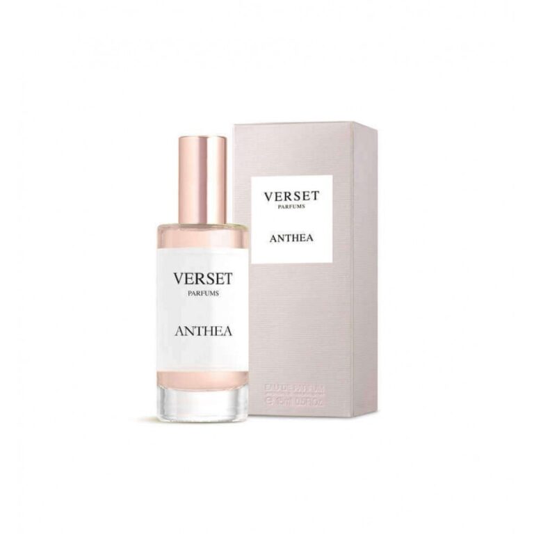 Parfümflasche und Verpackung von Verset Anthea auf weißem Hintergrund.