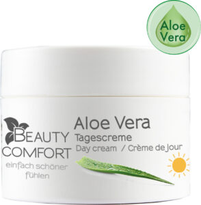 Weißer Cremetiegel mit Aloe Vera Grafik und Sonnen-Symbol.