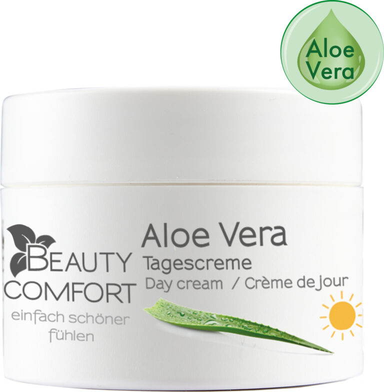 Weißer Cremetiegel mit Aloe Vera Grafik und Sonnen-Symbol.