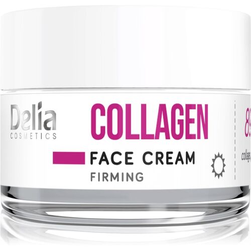 Glasbehälter mit Delia Collagen Gesichtscreme für straffende Wirkung.