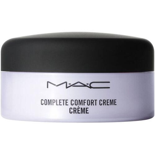 Runde weiße Cremedose mit schwarzem Deckel, Aufschrift MAC Complete Comfort Creme.