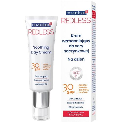 Novaclear Redless Tagescreme Verpackung mit Tube, SPF 30 und Zutatenhinweisen.