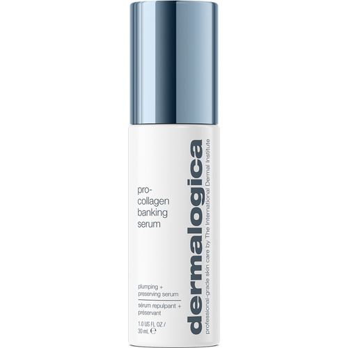 Weiße Flasche mit blauem Verschluss, Dermalogica Collagen-Serum.