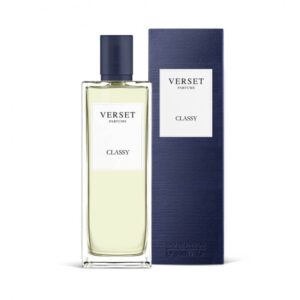 Parfümflasche und Box mit der Aufschrift "Verset Classy" nebeneinander.