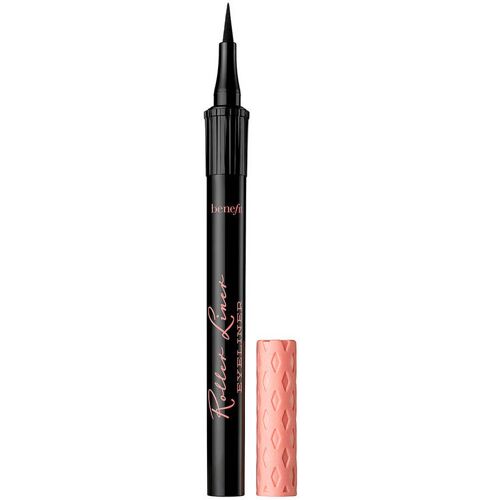 Schwarzer Eyeliner-Stift mit abgesetzter rosa Kappe auf weißem Hintergrund.