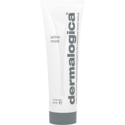 Weiße Tube Dermalogica Active Moist Creme auf weißem Hintergrund.