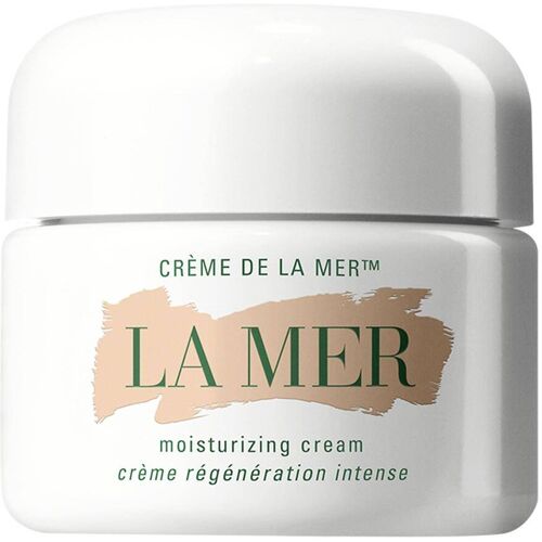 Weißer Tiegel mit La Mer-Logo und beige-grüner Aufschrift. Weißer Tiegel mit La Mer-Logo und beige-grüner Aufschrift.