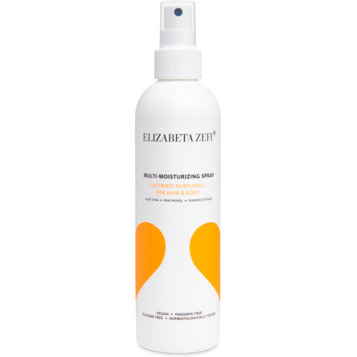 Weißes Sprayflasche mit orangenen Designelementen und schwarzer Aufschrift auf neutralem Hintergrund.