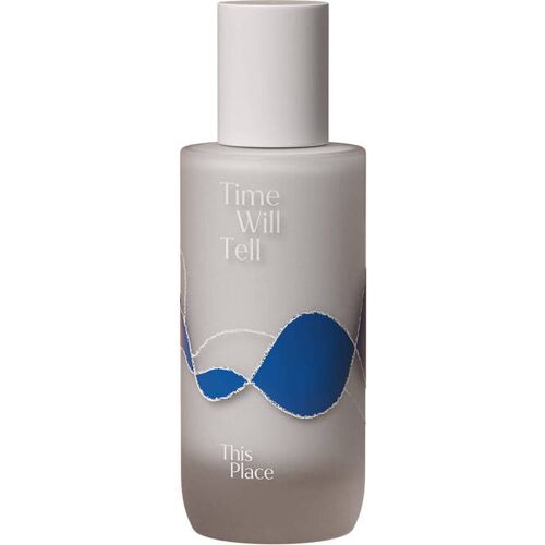 Graue Flasche mit blauem wellenförmigem Design und weißen Schriftzügen.