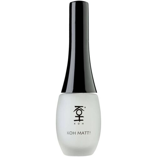Weiße Nagellackflasche mit schwarzem Deckel und KOH-Aufschrift.