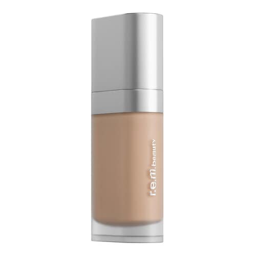 Beigefarbene Foundation-Flasche mit silbernem Deckel und r.e.m.beauty-Logo.