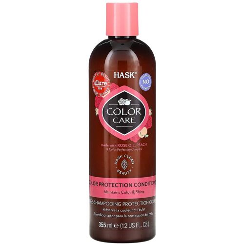 Braune Flasche Haarkonditionierer Hask Color Care mit rosa Deckel und Etiketten.