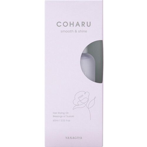 Weiße Verpackung von Coharu Haaröl mit Blumenmotiv und Sichtfenster. Weiße Verpackung von Coharu Haaröl mit Blumenmotiv und Sichtfenster.