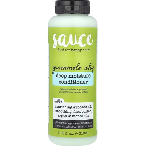 Grüner Haarconditioner mit schwarzem Deckel und Etikettenaufdruck Sauce Guacamole Whip. Grüner Haarconditioner mit schwarzem Deckel und Etikettenaufdruck Sauce Guacamole Whip.