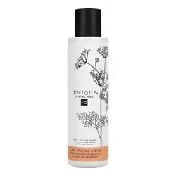Weiße Flasche mit schwarzem Deckel und floraler Grafik, Haarstyling-Produkt.