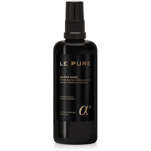 Schwarze Flasche mit goldener Beschriftung Le Pure Alpha Hair Serum. Schwarze Flasche mit goldener Beschriftung Le Pure Alpha Hair Serum.