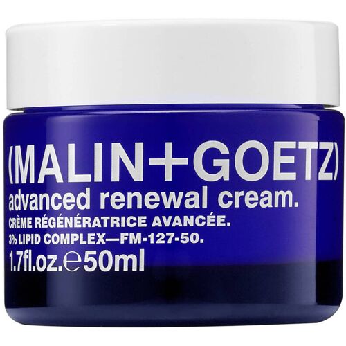 Blaue Dose Malin+Goetz Advanced Renewal Cream, 50ml, mit weißem Deckel.