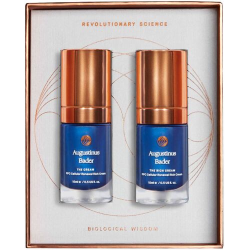 Zwei luxuriöse Hautpflegecremes in blauem Behälter mit Kupferdeckel in Geschenkbox. Zwei luxuriöse Hautpflegecremes in blauem Behälter mit Kupferdeckel in Geschenkbox.