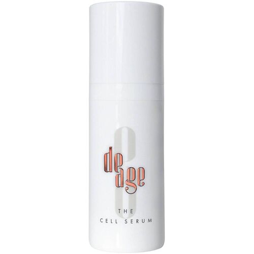 Weiße Flasche mit Aufdruck „de age The Cell Serum“ in orange und schwarz. Weiße Flasche mit Aufdruck