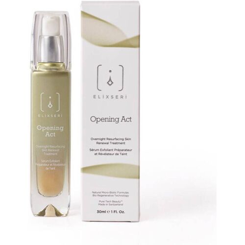 Flasche und Verpackung eines Hautpflege-Serums von Elixseri, mit dem Namen „Opening Act“. Flasche und Verpackung eines Hautpflege-Serums von Elixseri, mit dem Namen