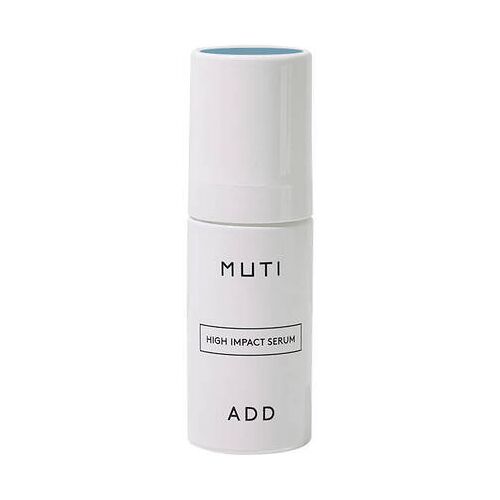 Weiße Flasche eines Serums mit der Aufschrift „Muti High Impact Serum“. Weiße Flasche eines Serums mit der Aufschrift