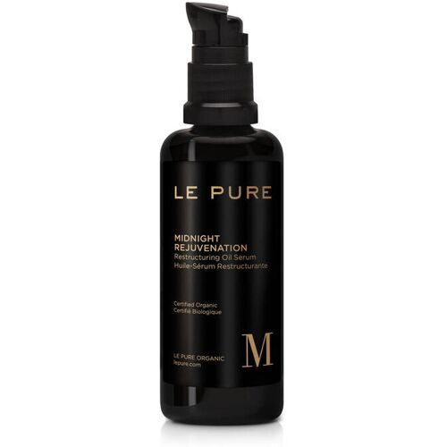 Schwarze Flasche mit Le Pure Midnight Rejuvenation Beschriftung auf weißem Hintergrund.