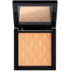 Geöffnete Make-up-Puderdose mit integriertem Spiegel und geometrischem Muster.