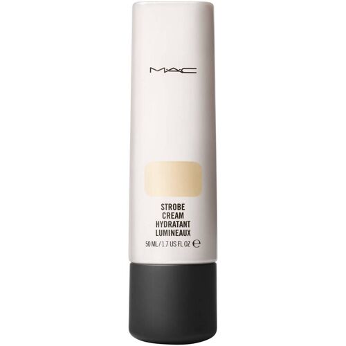 Weiße MAC Strobe Cream Tube mit schwarzem Verschluss auf weißem Hintergrund.