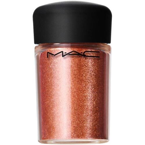 Ein Behälter mit schimmerndem kupferfarbenem Pigment von MAC mit schwarzem Deckel.