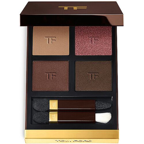 Lidschattenpalette mit vier Farben und zwei Applikatoren, braune und pinke Töne.