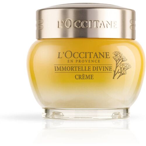 Gelb-goldener Kosmetiktiegel mit L'Occitane-Logo und Beschriftung auf weißem Hintergrund.