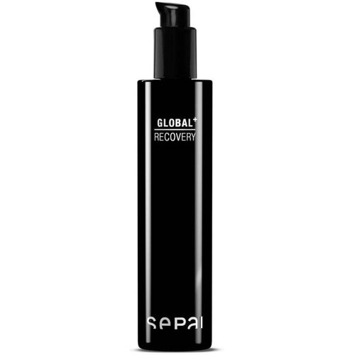 Schwarze Flasche mit Spender, weißer Aufschrift „Global Recovery“. Schwarze Flasche mit Spender, weißer Aufschrift