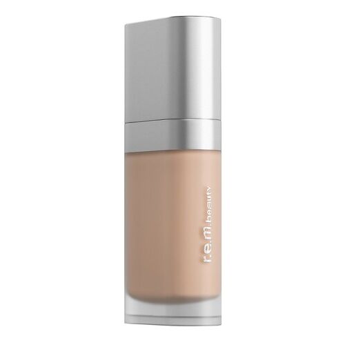 Durchsichtige Foundation-Flasche mit silbernem Verschluss und r.e.m. beauty-Logo. Durchsichtige Foundation-Flasche mit silbernem Verschluss und r.e.m. beauty-Logo.