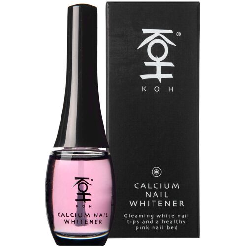 Flasche und Verpackung eines KOH Calcium Nail Whiteners auf weißem Hintergrund.