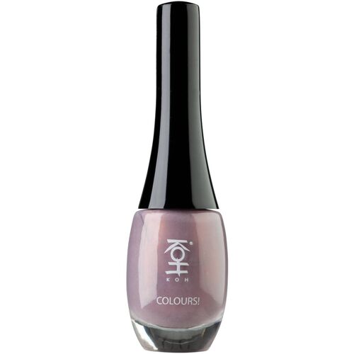 Lila Nagellackflasche mit schwarzem Deckel und glänzendem Finish auf weißem Hintergrund.
