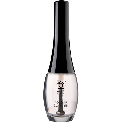 Transparente Nagellackflasche mit schwarzem Deckel, Produktbeschriftung sichtbar.