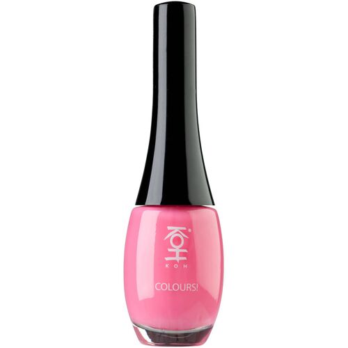 Pinker Nagellack in einer Flasche mit schwarzem Deckel.