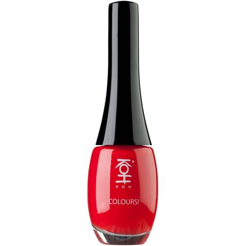 Roter Nagellack in einer durchsichtigen Flasche mit schwarzem Deckel.