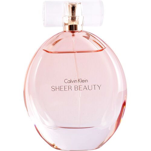 Parfümflasche von Calvin Klein Sheer Beauty, mit ovalem Design und transparentem Verschluss.