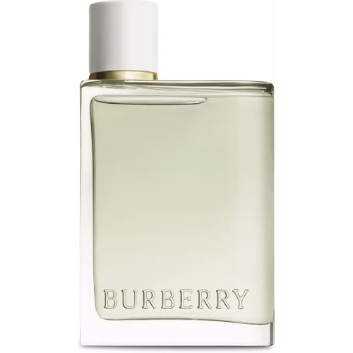 Klare Glas-Parfümflasche mit weißem Verschluss und Markenlogo.