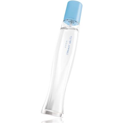 Schlanke, transparente Parfümflasche mit blauem Deckel und Aufschrift 