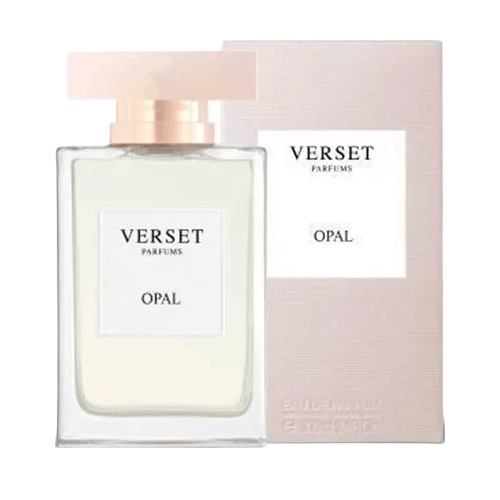 Parfümflasche und Verpackung von Verset Opal auf weißem Hintergrund.