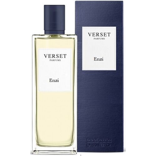 Parfümflasche und Verpackung von Verset Parfums Enzi, rechteckig, mit schwarzem Verschluss.