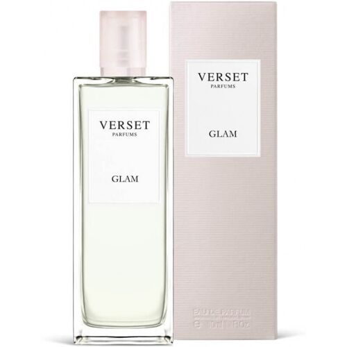 Parfümflasche und Karton der Marke Verset Parfums Glam auf weißem Hintergrund.
