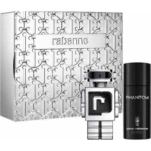 Silberne Geschenkbox mit Parfümflakon und Deospray von Paco Rabanne.