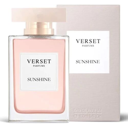Parfumflasche und Verpackung von Verset Sunshine Eau de Parfum für Damen. Parfumflasche und Verpackung von Verset Sunshine Eau de Parfum für Damen.
