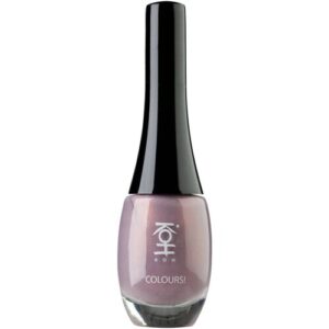 Lila Nagellackflasche mit schwarzem Deckel und glänzendem Finish auf weißem Hintergrund.