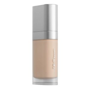 Foundation-Flasche mit silbernem Deckel und r.e.m.beauty-Logo.