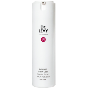 Weiße Flasche Dr. Levy Intense Stem Cell Booster Serum mit schwarzem Text.