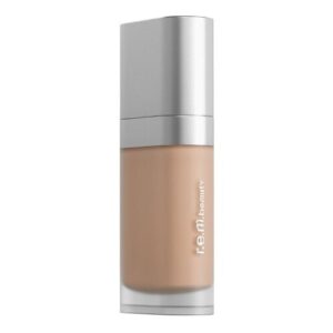 Transparente Flasche mit beiger Flüssigkeit und silbernem Deckel, r.e.m. beauty-Logo vorne.